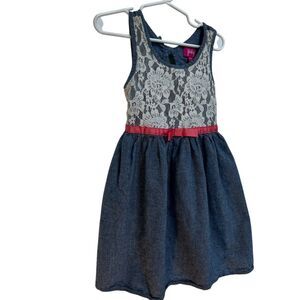 Pinky Girls Blue‎ Jean Dress Lace Front Satin Ribbon Tie Size 5 Casual